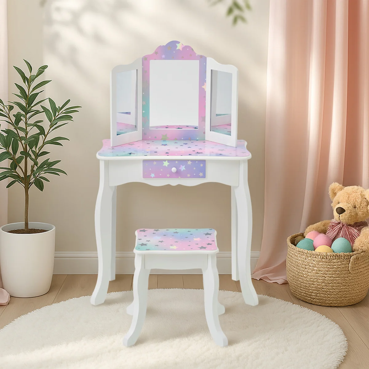 Kids Vanity Table & Stool with Tri-Fold Mirror and Drawer - White – image 4
