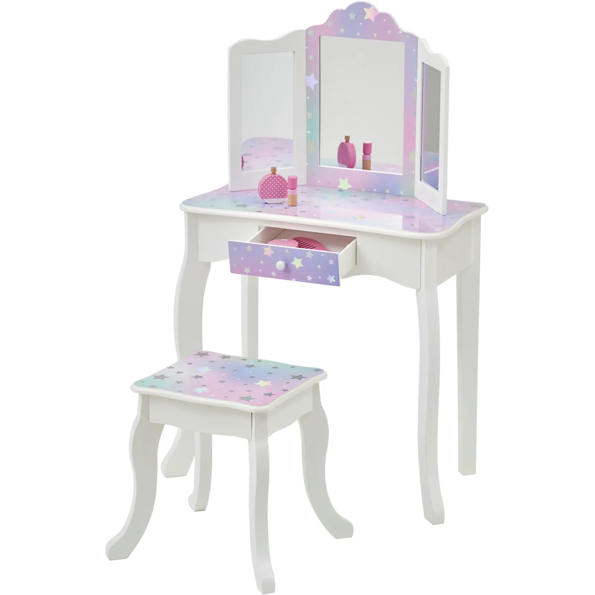 Kids Vanity Table & Stool with Tri-Fold Mirror and Drawer - White – image 7