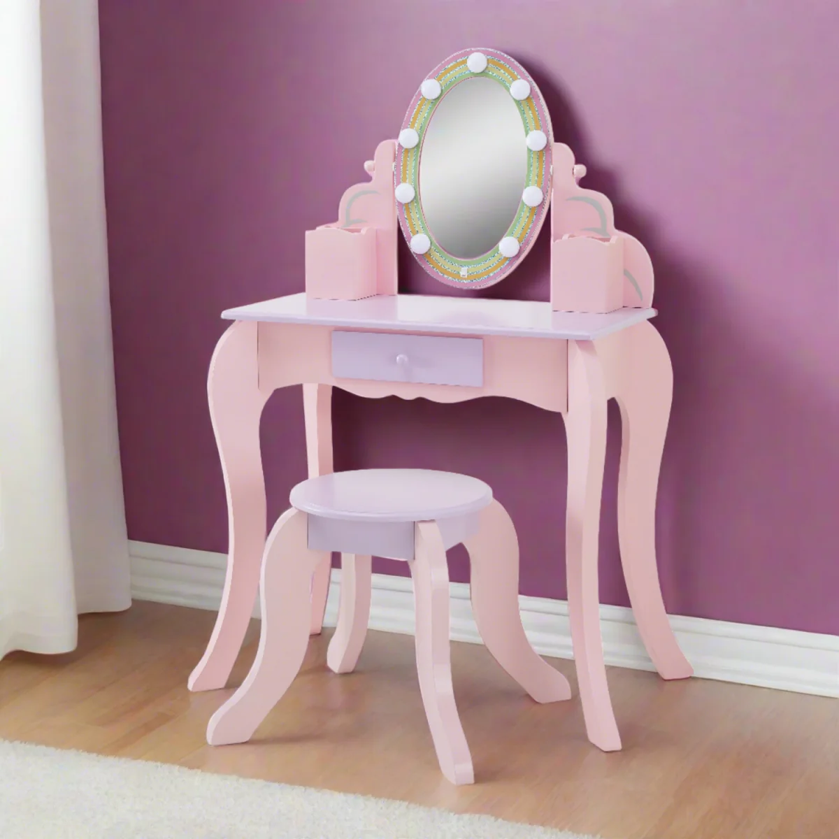 Teamson Kids Vanity Table & Stool with LED Mirror and Drawer Storage - Pink – image 2