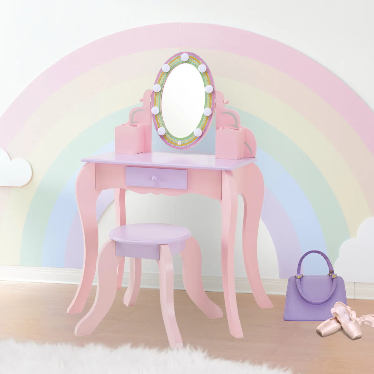 Teamson Kids Vanity Table & Stool with LED Mirror and Drawer Storage - Pink – image 3
