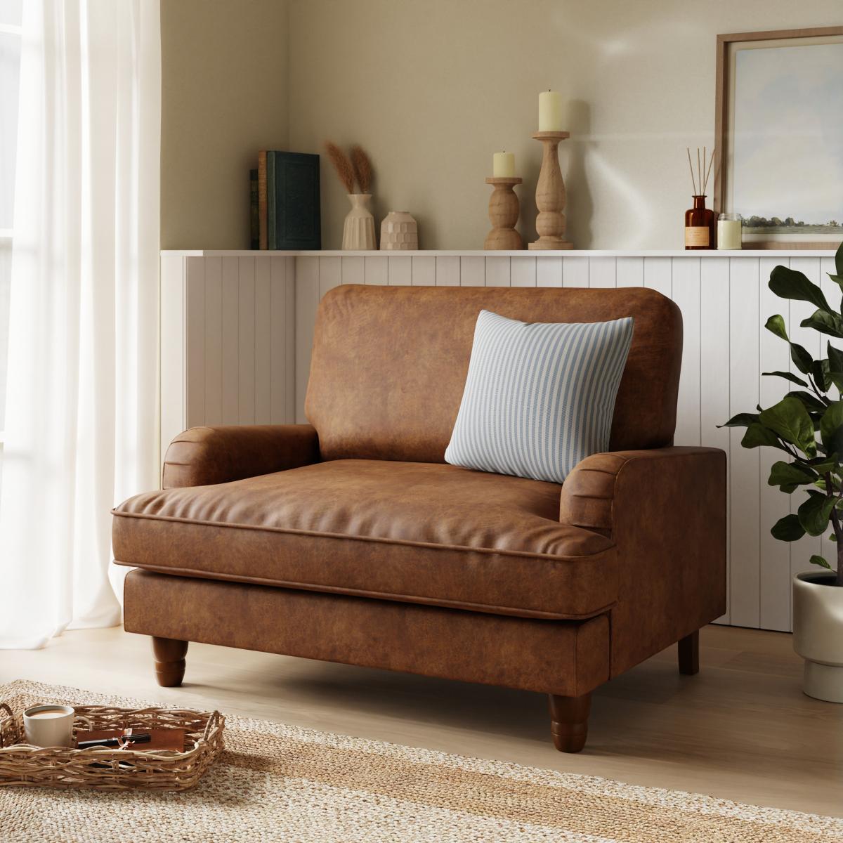 Beatrice Snuggle Sofa, Relaxed Faux Leather Tan Flitch