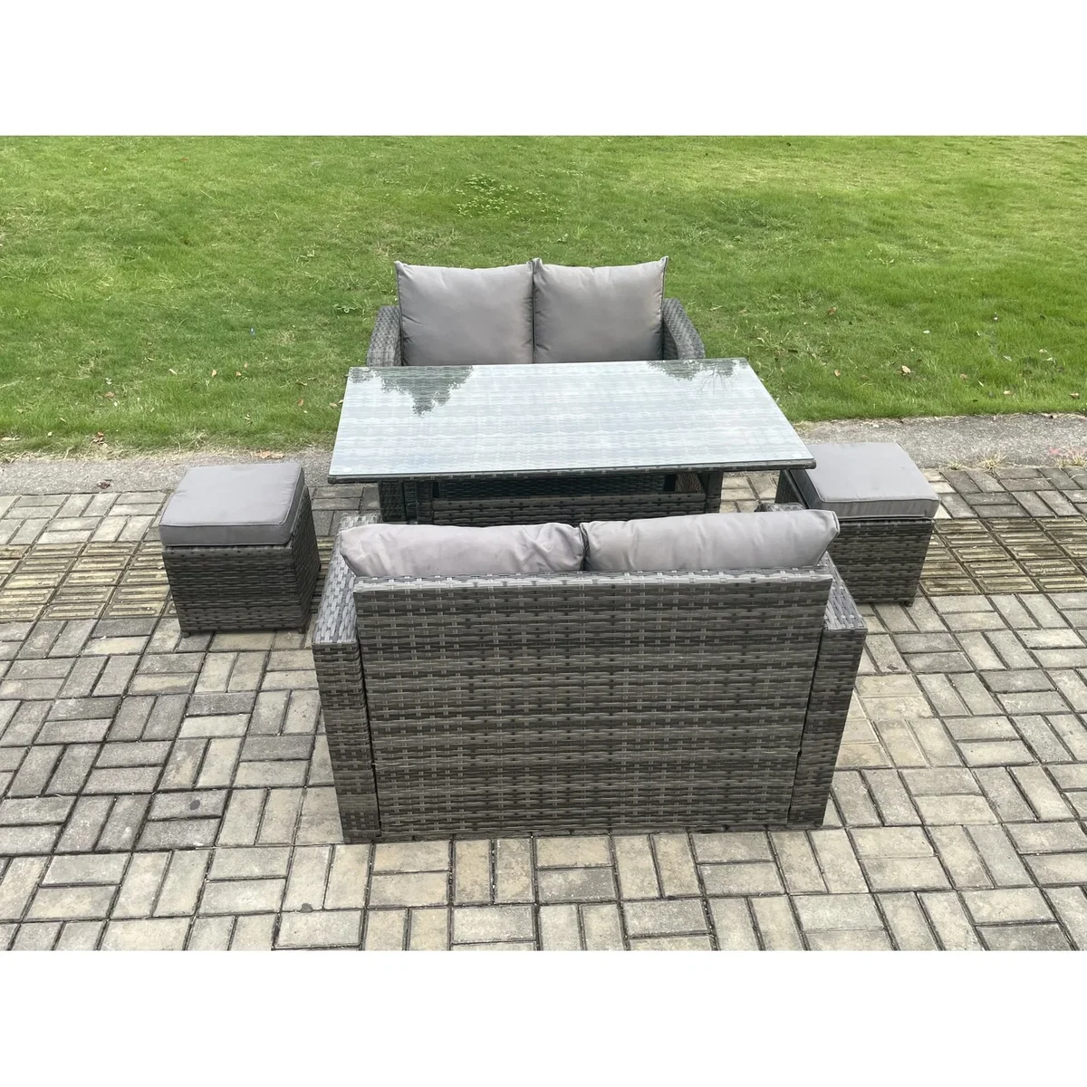 Fimous 6-Seater Rattan Loveseat Set with Dining Table & 2 Stools - Dark Grey – image 3
