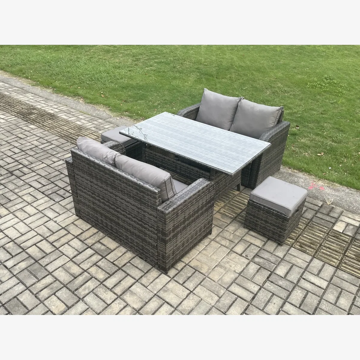 Fimous 6-Seater Rattan Loveseat Set with Dining Table & 2 Stools - Dark Grey – image 1