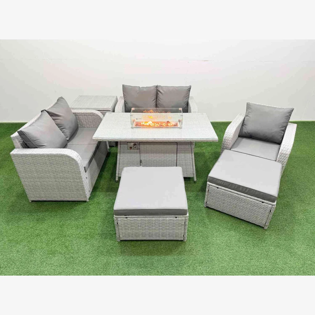 Fimous High Back Poly Rattan Patio Set with Reclining Chair, Loveseat & Firepit Table Light Grey - Light grey rattan with dark grey fabric – image 1
