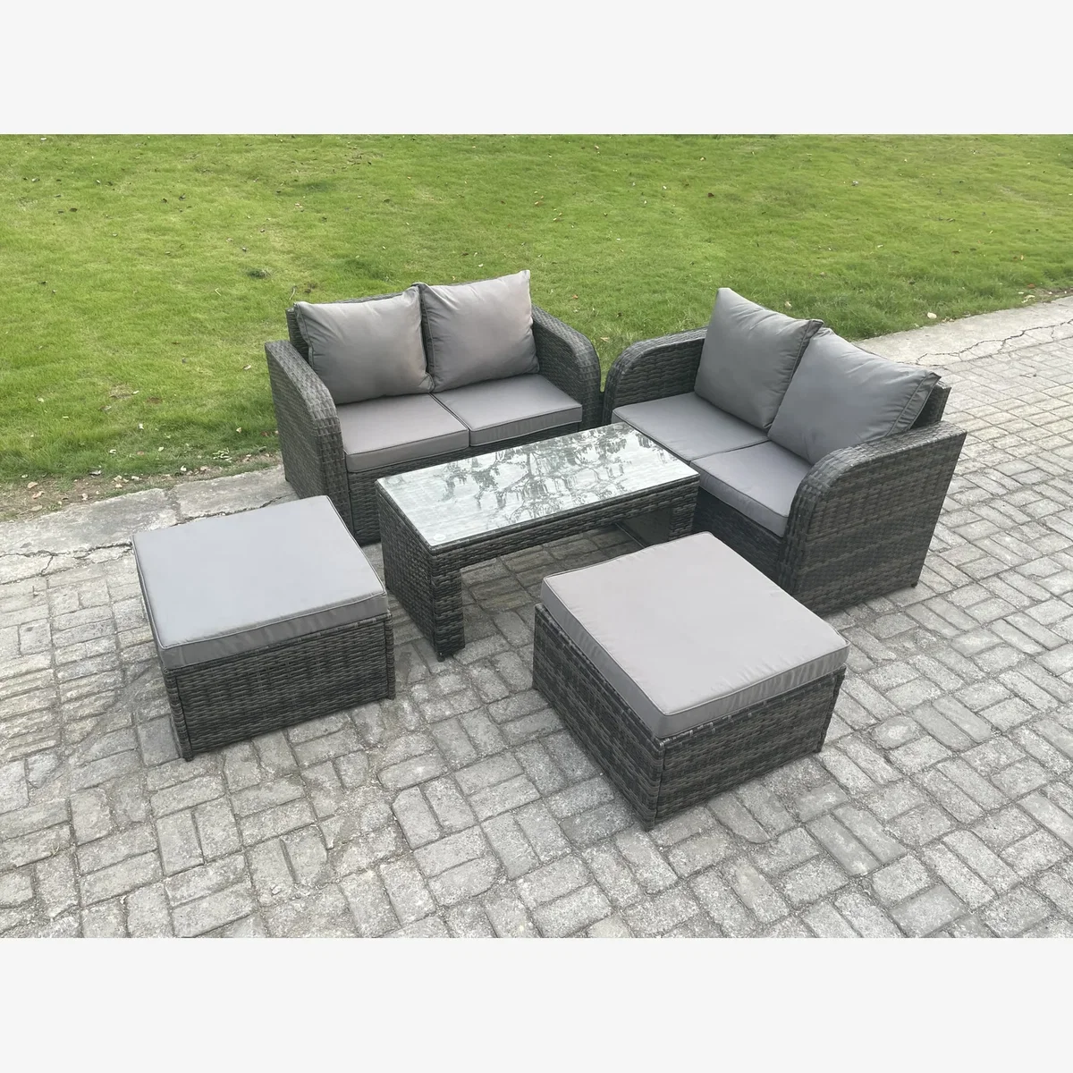 Fimous High-Back Rattan Loveseat Set with Coffee Table & 2 Footstools - Dark Grey – image 1