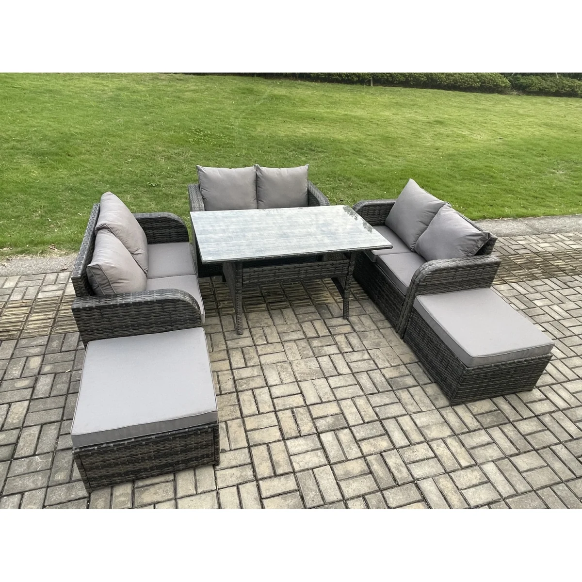 Fimous 8-Seater Rattan Loveseat Set with Dining Table & Stools - Dark Grey – image 3