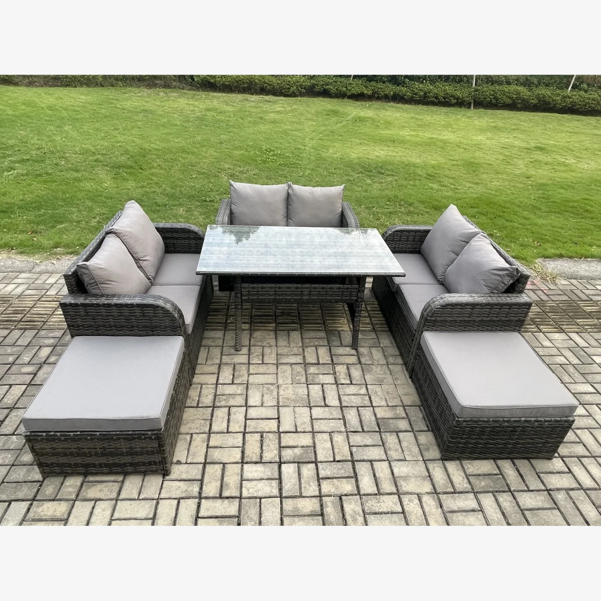 Fimous 8-Seater Rattan Loveseat Set with Dining Table & Stools - Dark Grey – image 1