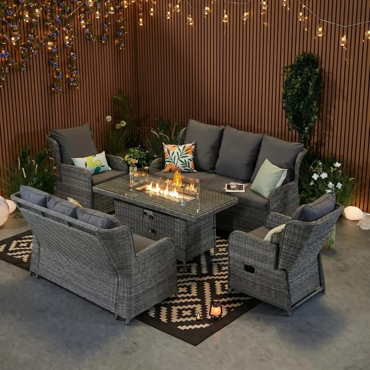 Rattan Garden Furniture with Fire Pit Table Recliner Chair Loveseat - Grey – image 2