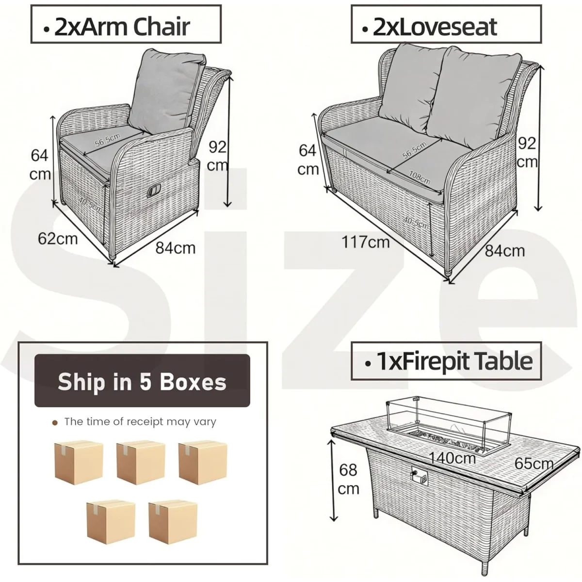 Rattan Garden Furniture with Fire Pit Table Recliner Chair Loveseat - Grey – image 11