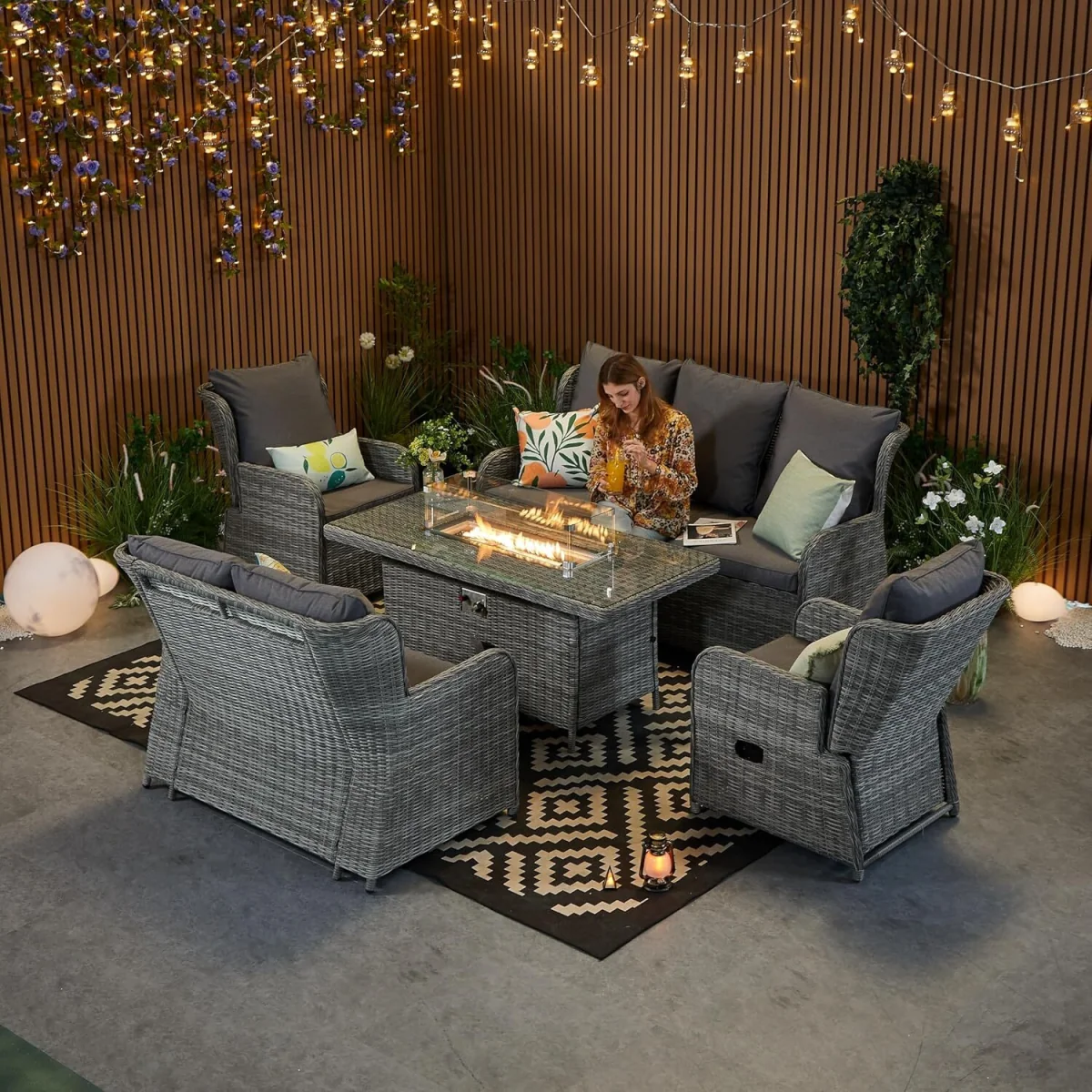 Rattan Garden Furniture with Fire Pit Table Recliner Chair Loveseat - Grey – image 13