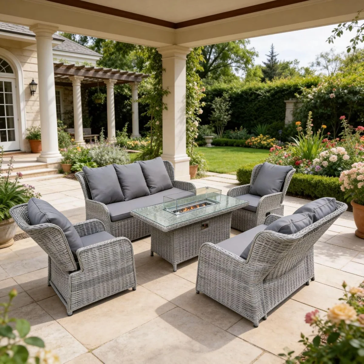 Rattan Garden Furniture with Fire Pit Table Recliner Chair Loveseat - Grey – image 15