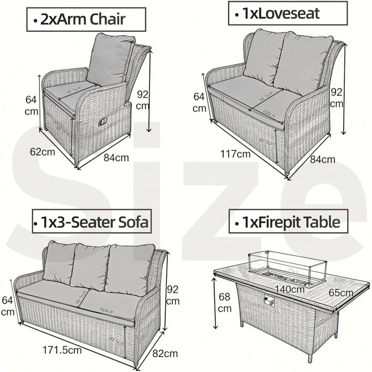 Rattan Garden Furniture with Fire Pit Table Recliner Chair Loveseat - Grey – image 16