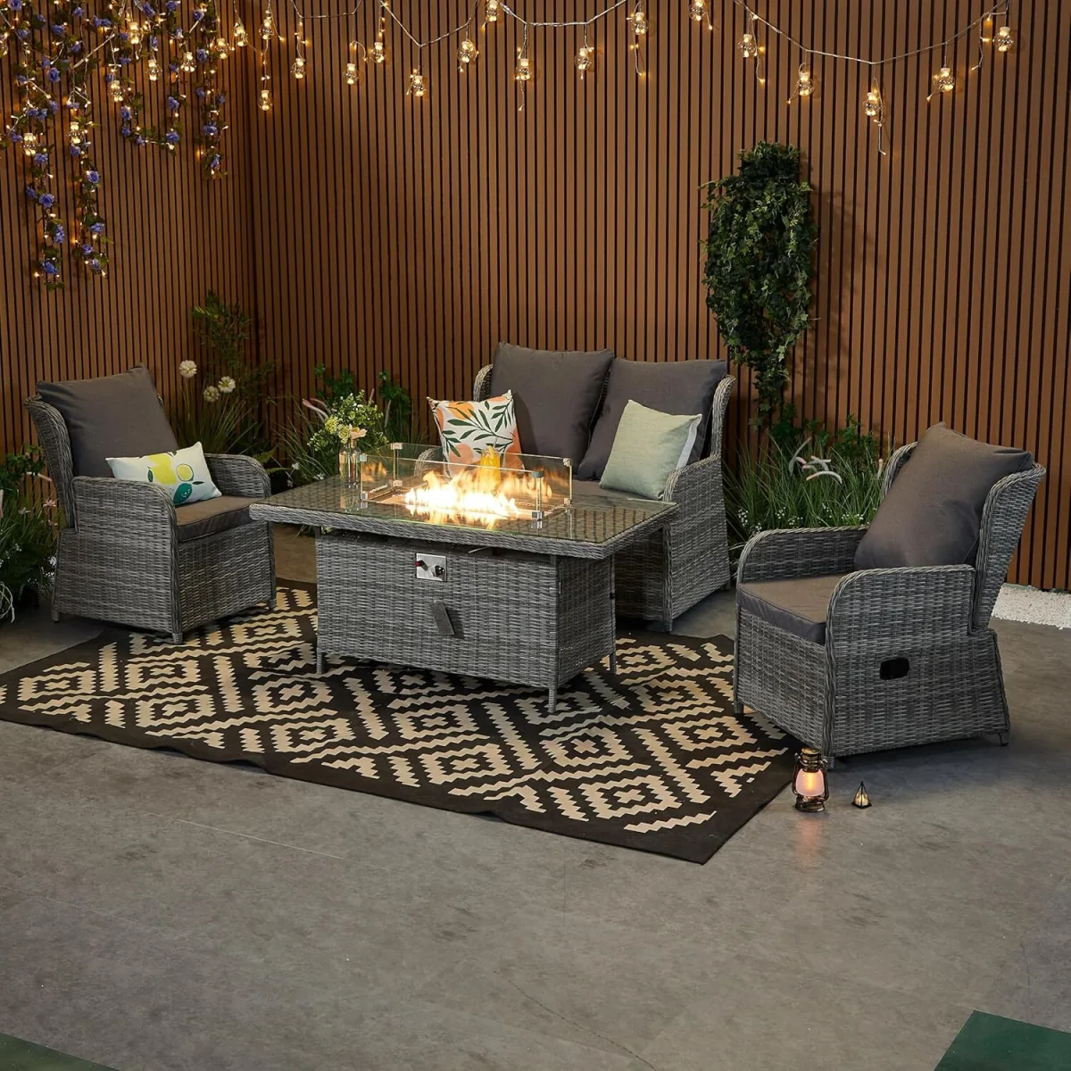 Rattan Garden Furniture with Fire Pit Table Recliner Chair Loveseat - Grey – image 3