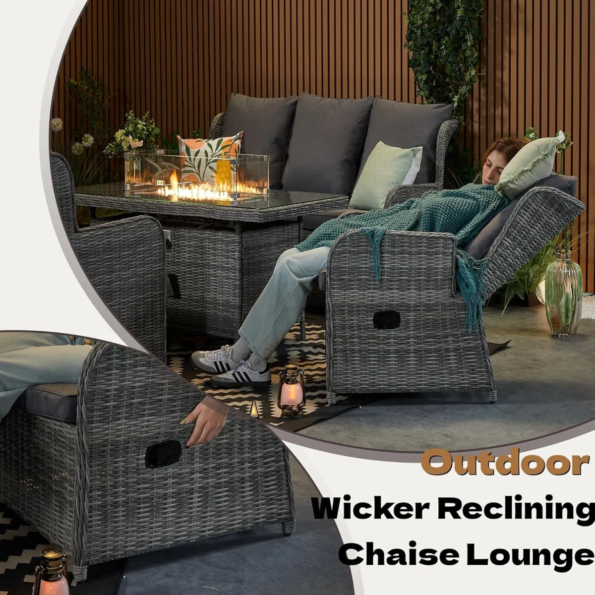 Rattan Garden Furniture with Fire Pit Table Recliner Chair Loveseat - Grey – image 5