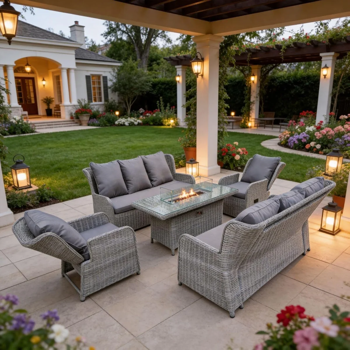 Rattan Garden Furniture with Fire Pit Table Recliner Chair Loveseat - Grey – image 6