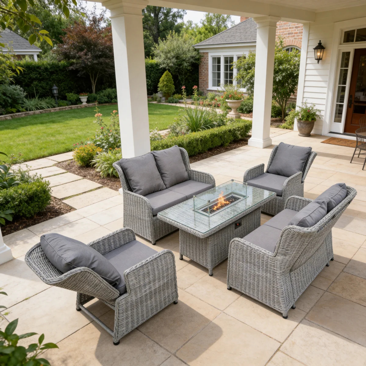 Rattan Garden Furniture with Fire Pit Table Recliner Chair Loveseat - Grey – image 10