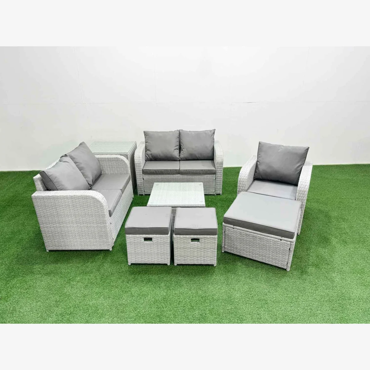 Fimous High Back Poly Rattan Patio Set with Reclining Chair, Loveseat, Stools and Square Table - Light grey rattan with dark grey fabric – image 1