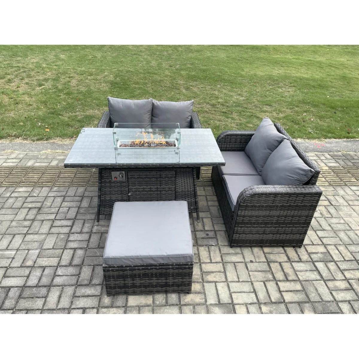 Fimous 4-Piece Rattan Garden Furniture Set with Gas Fire Pit Table, Loveseat Sofas and Footstool. - Dark Grey – image 2