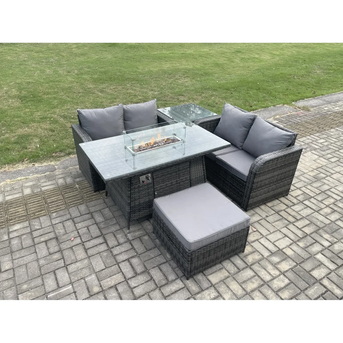 Fimous Rattan 5-Piece Outdoor Loveseat Set with Gas Fire Pit Table Dark Grey Mixed - Dark Grey – image 2