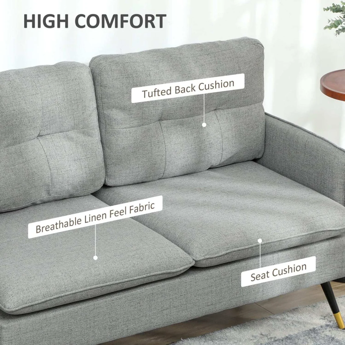 Grey Button-Tufted 2-Seater Loveseat with Cushions and Steel Legs – image 2