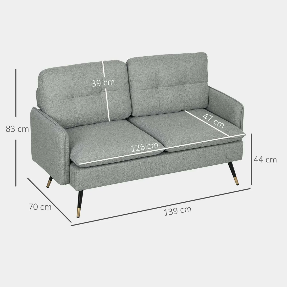 Grey Button-Tufted 2-Seater Loveseat with Cushions and Steel Legs – image 4