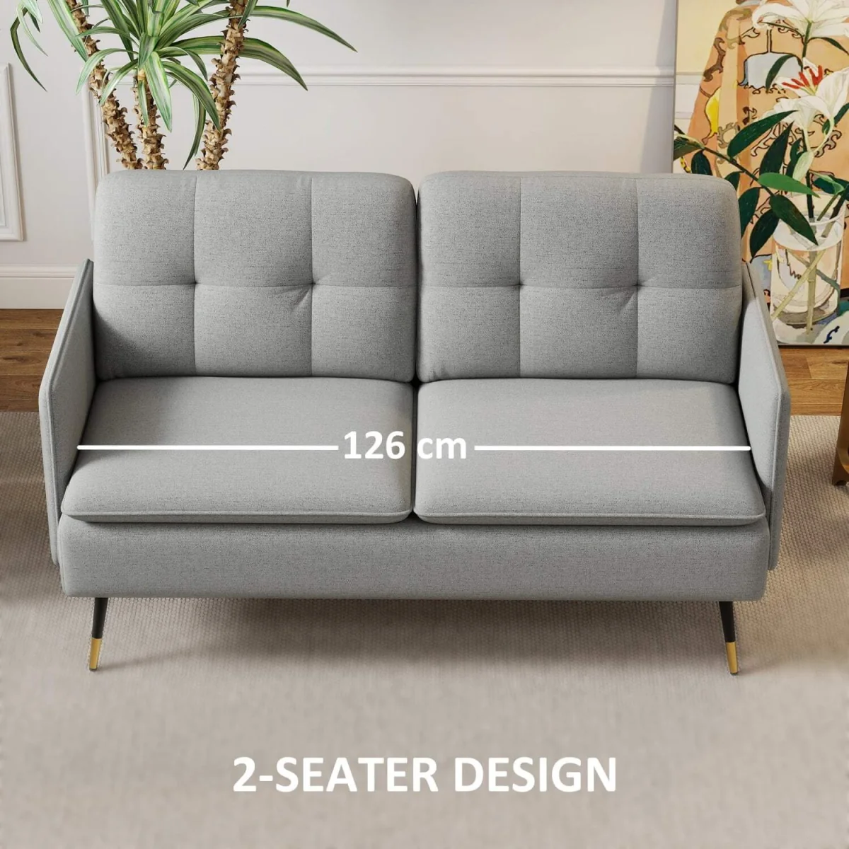 Grey Button-Tufted 2-Seater Loveseat with Cushions and Steel Legs – image 6