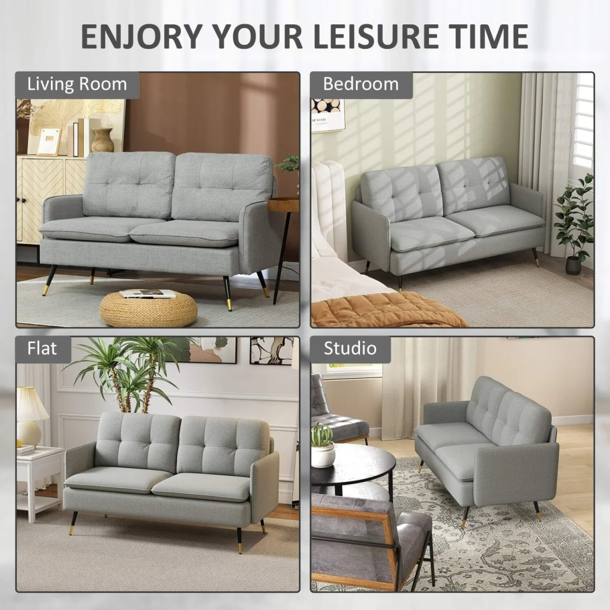 Grey Button-Tufted 2-Seater Loveseat with Cushions and Steel Legs – image 7
