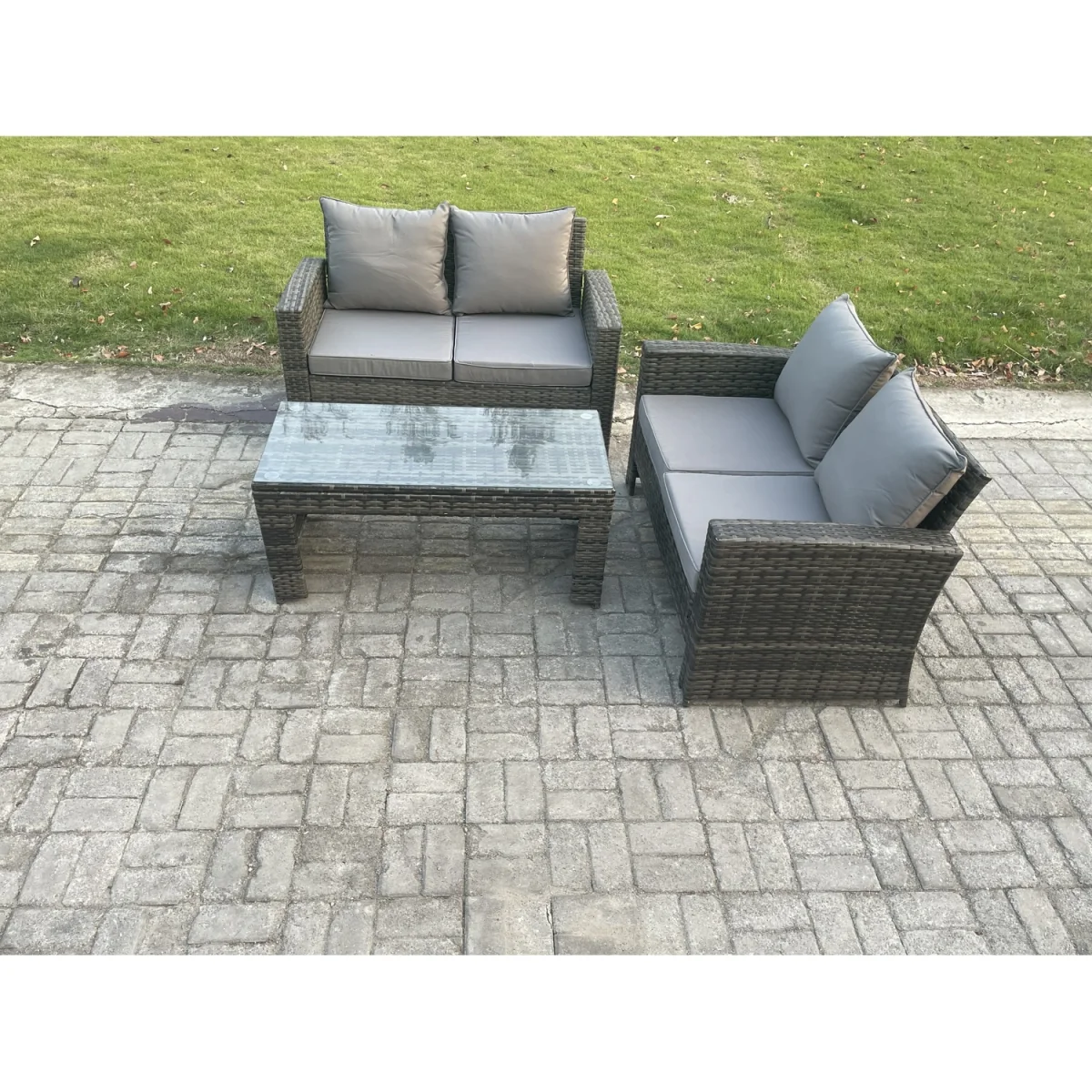 Fimous 3-Piece PE Rattan Outdoor Set - 2 x 2-Seater Loveseats & Tempered Glass Table Dark Grey Mixed - Dark Grey Mixed – image 5