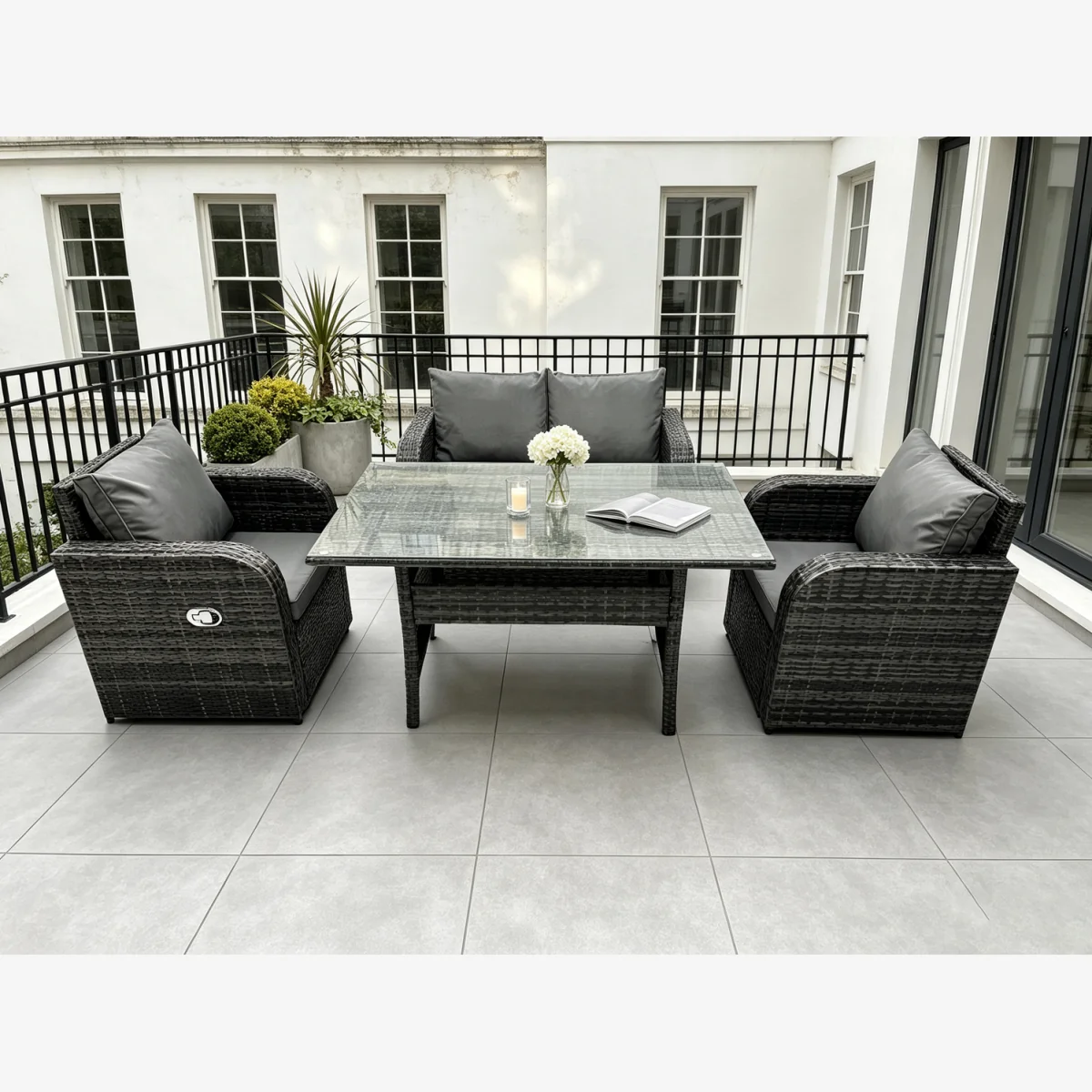 PE Rattan Garden Furniture Reclining Loveseat Table 4 Seat