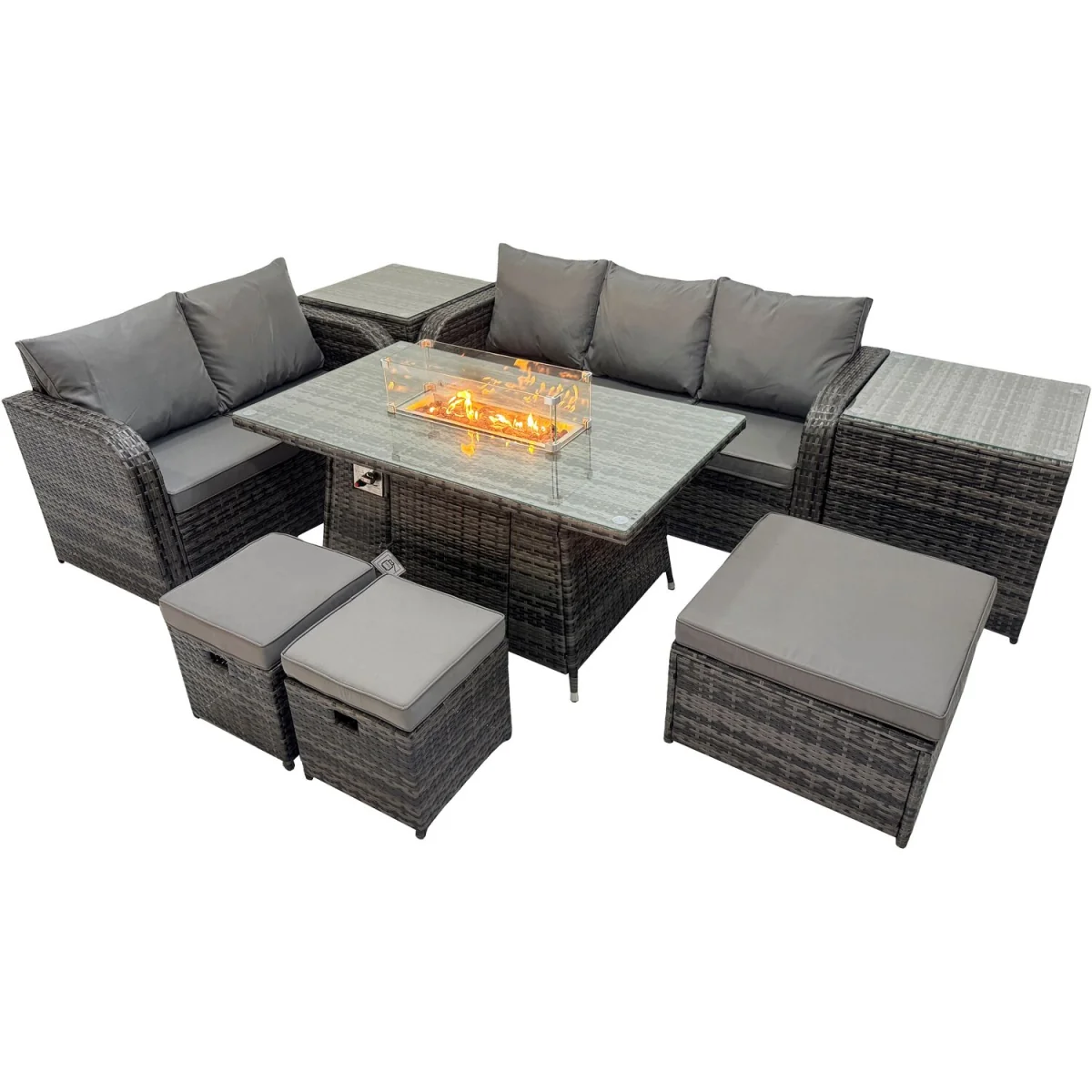 Fimous Outdoor Rattan Furniture Set with Gas Fire Pit Table, Love Seat, 3-Seater & Footstools. - Dark Grey Mixed – image 4