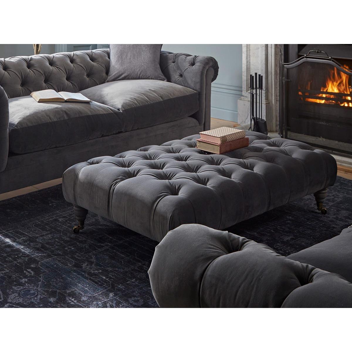 Buttoned Coffee Table Ottoman – Soft Grey Opulent Cotton Velvet – image 2
