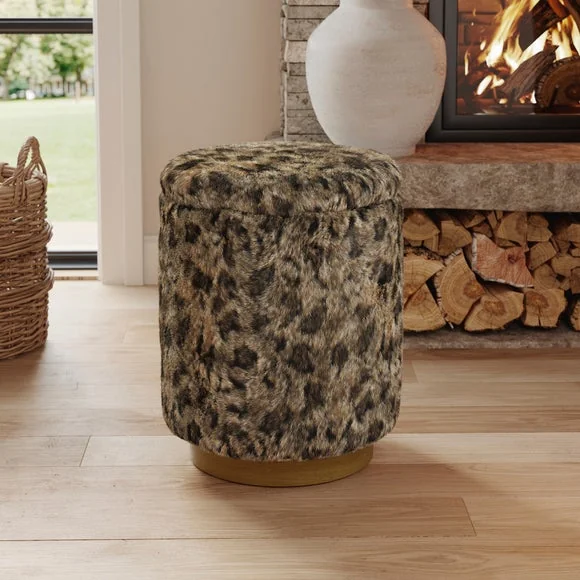 Leopard Print Faux Fur Round Storage Footstool – image 1