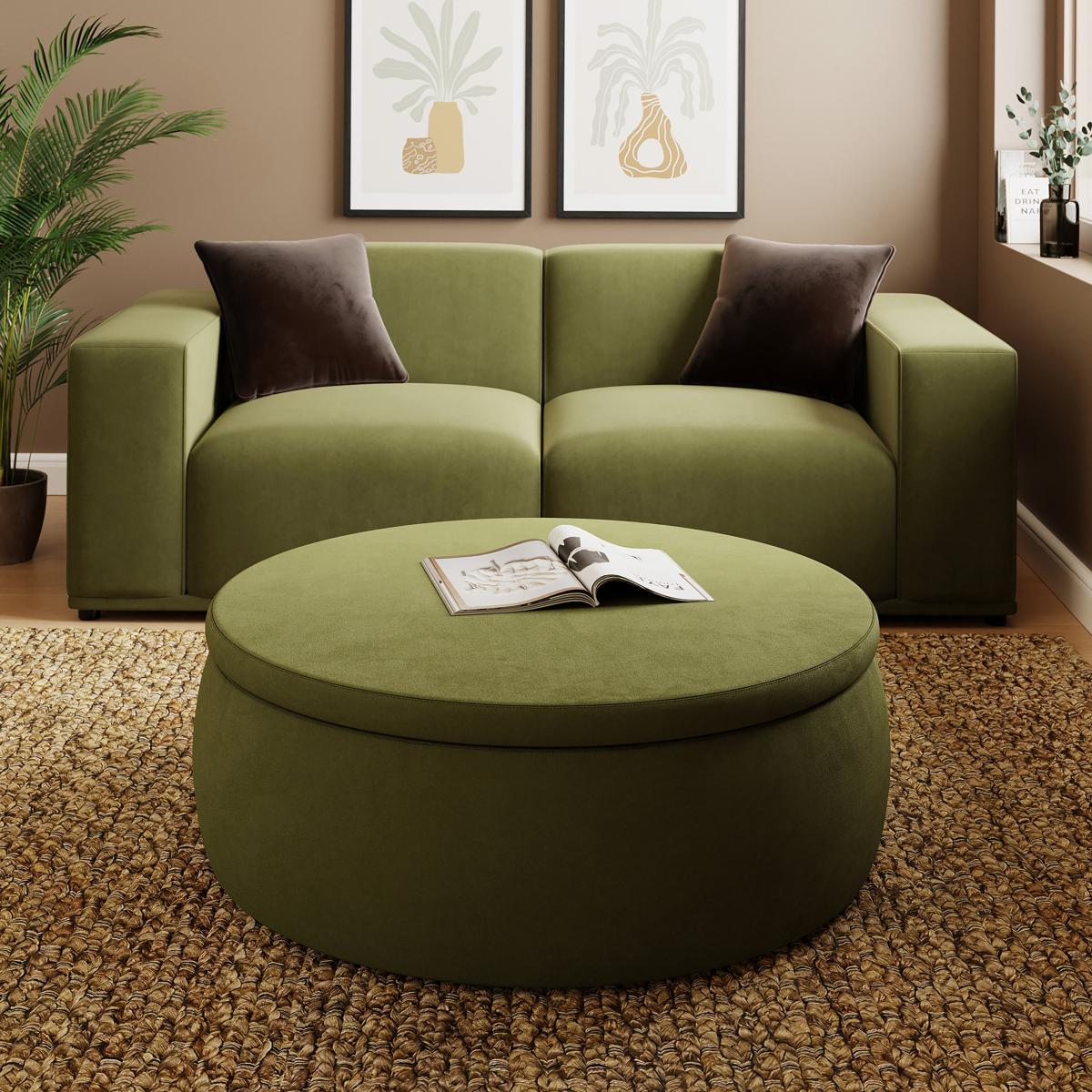 Large Round Velvet Storage Pouffe Ivory – image 2