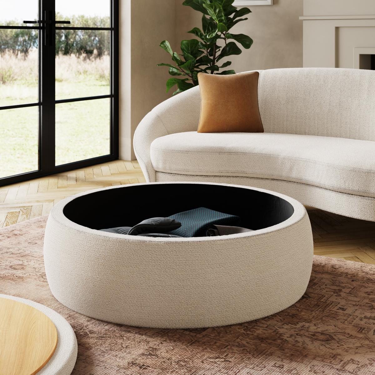 Large Round Storage Pouffe, Chenille Ivory Ivory – image 2