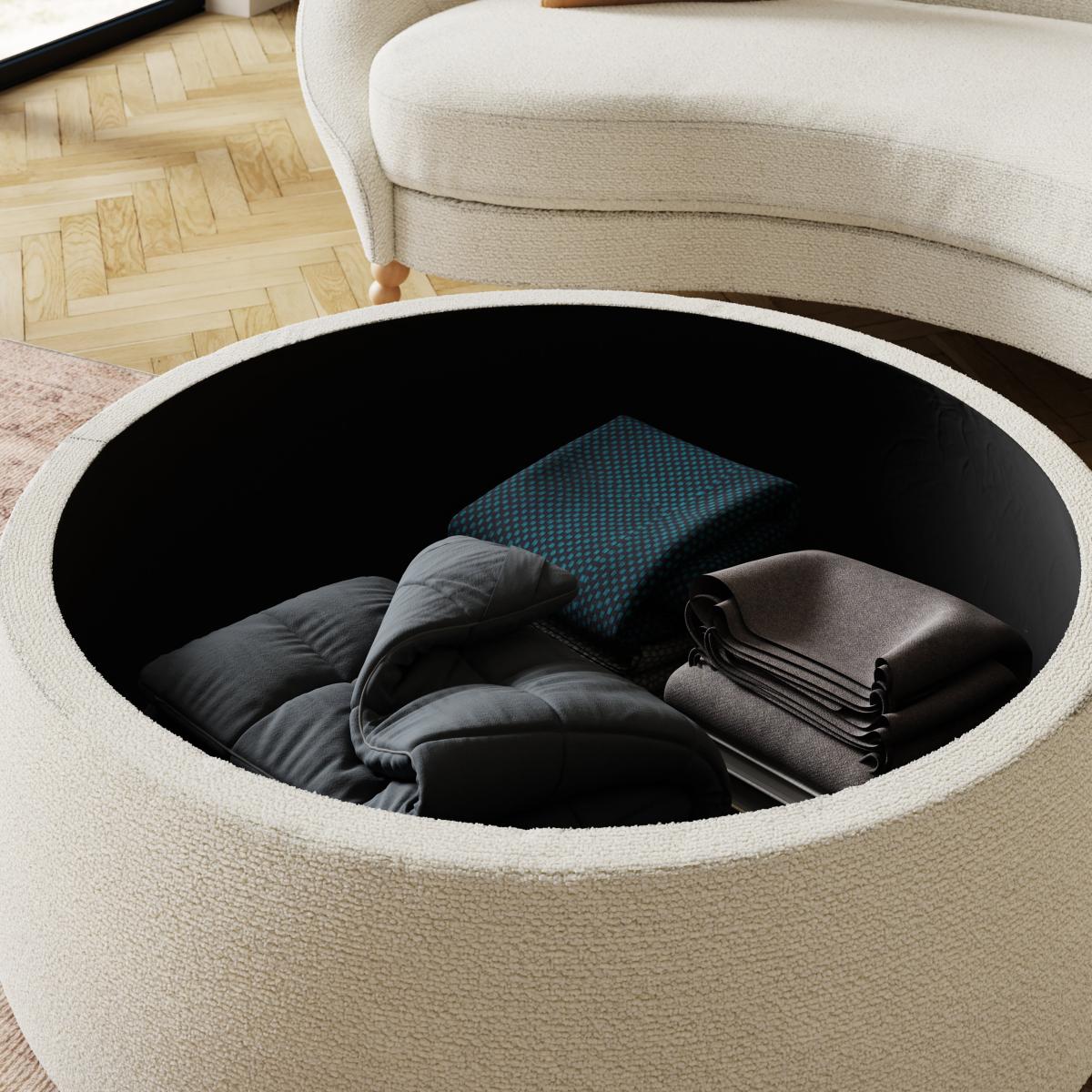 Large Round Storage Pouffe, Chenille Ivory Ivory – image 3