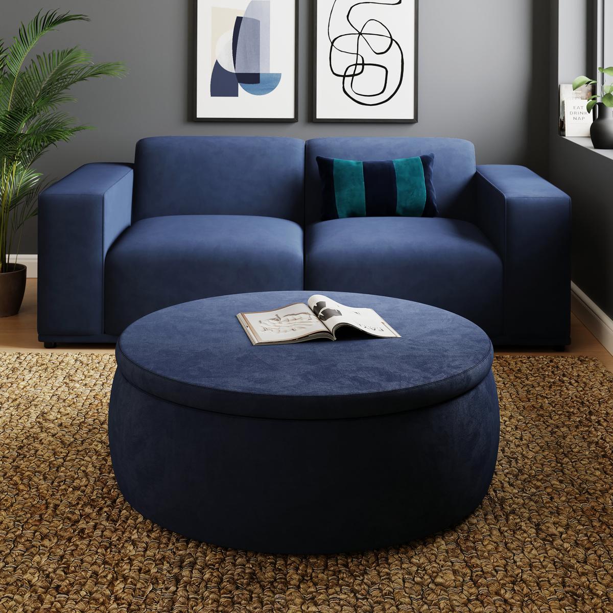 Large Round Velvet Storage Pouffe Faux Leather Tan – image 2