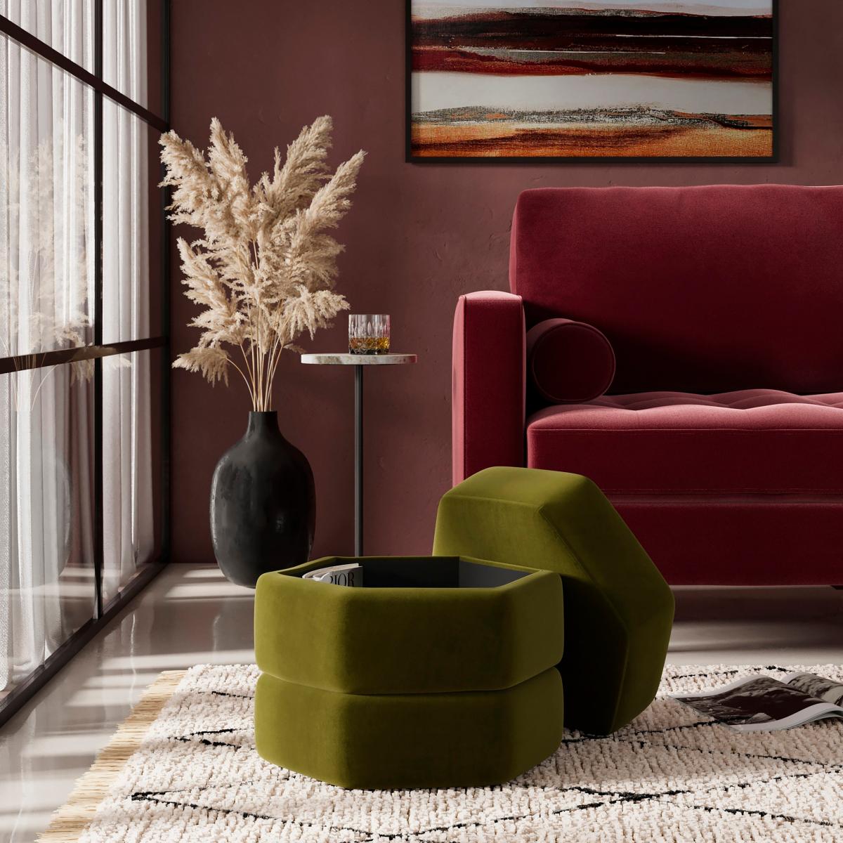 Ingrid Hexagon Storage Footstool, Velvet Olive – image 2