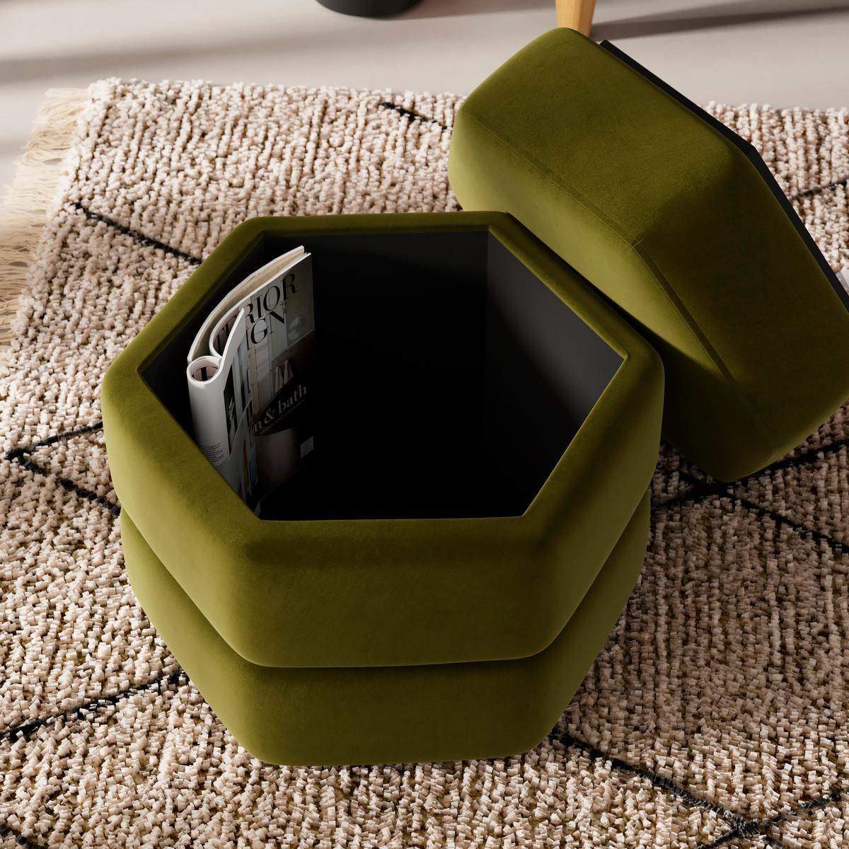 Ingrid Hexagon Storage Footstool, Velvet Olive – image 3