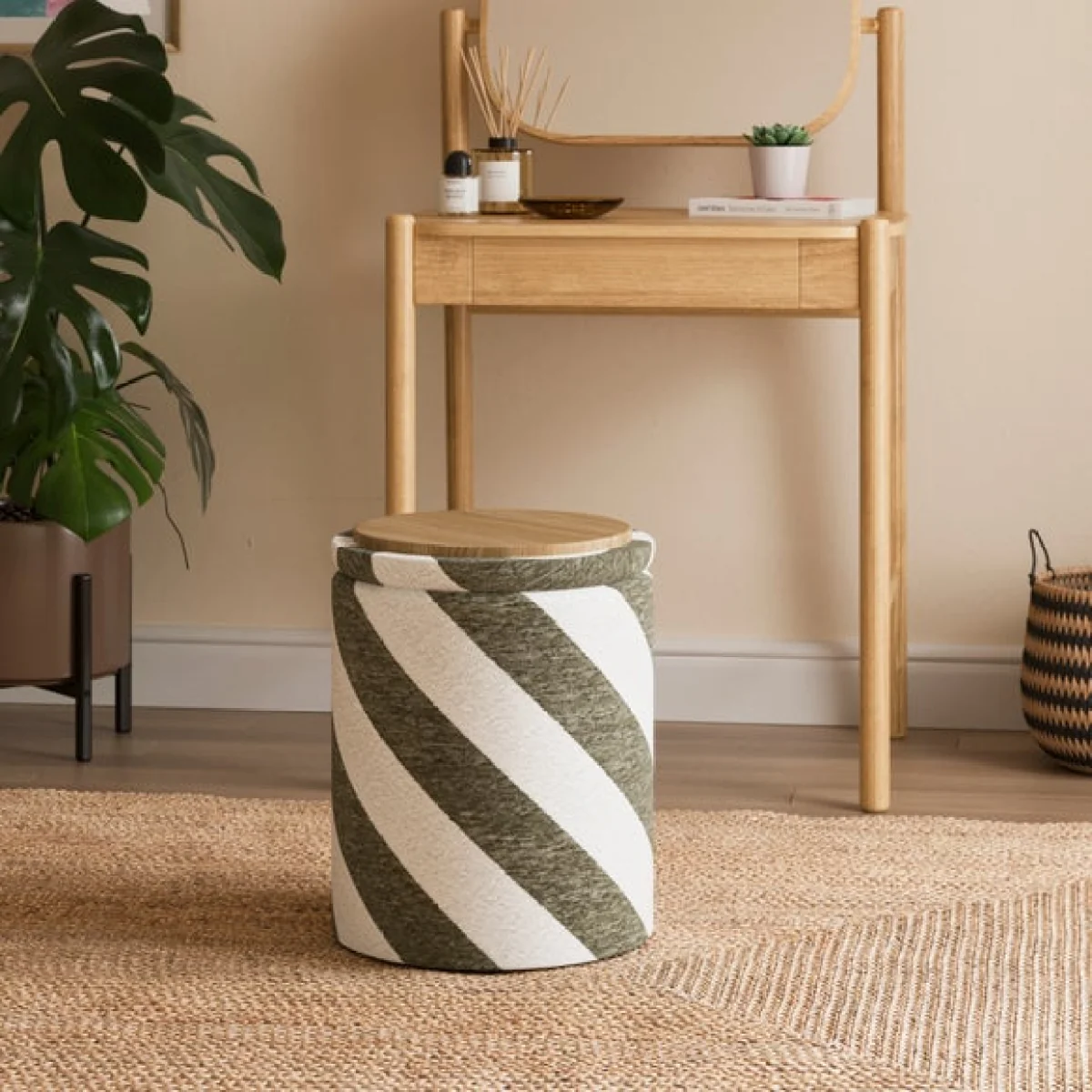Diagonal Stripe Chenille Round Tray Table Storage Footstool – image 2