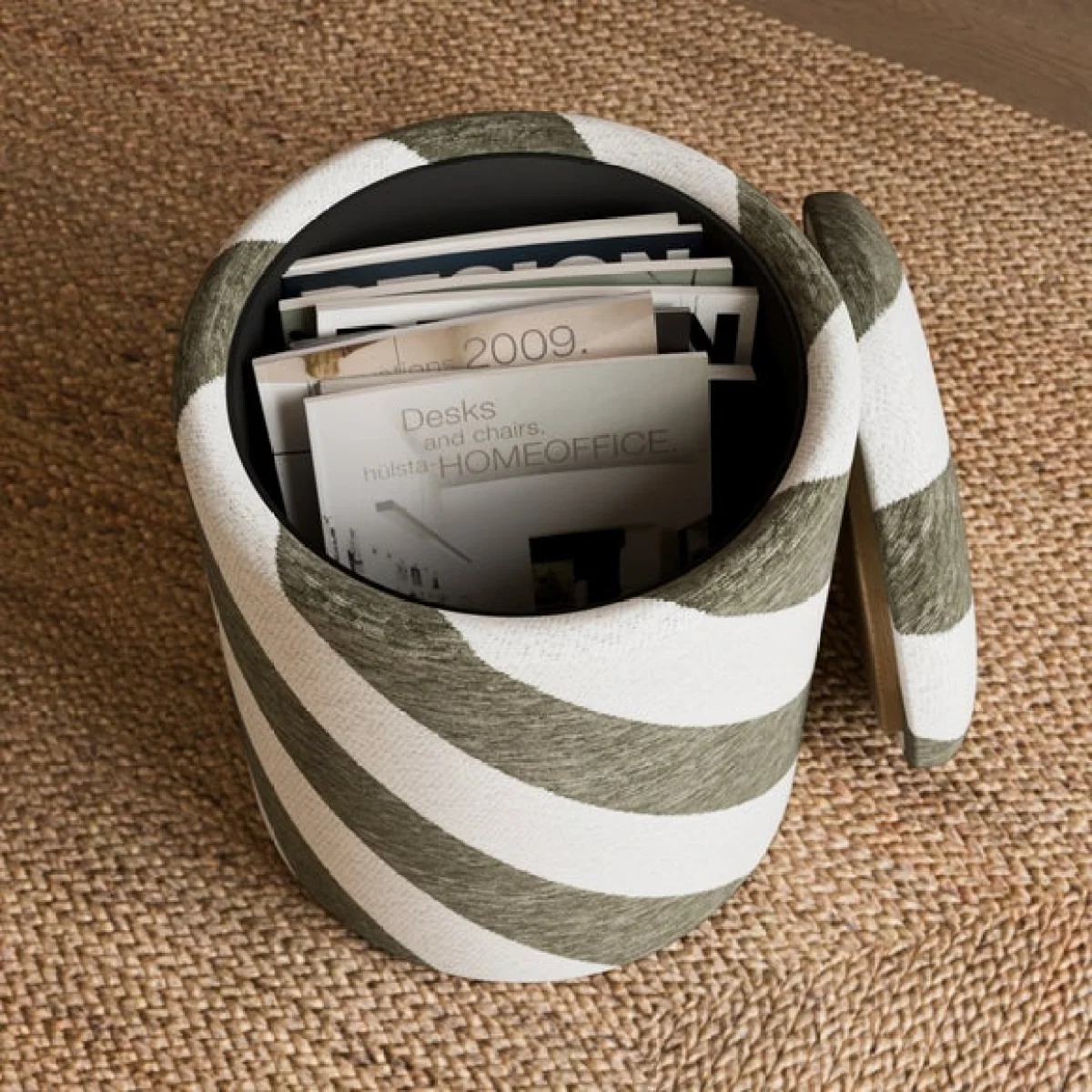 Diagonal Stripe Chenille Round Tray Table Storage Footstool – image 3