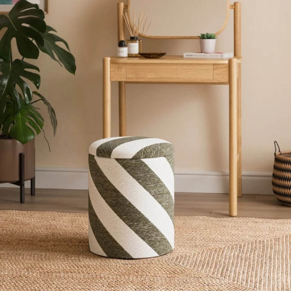 Diagonal Stripe Chenille Round Tray Table Storage Footstool – image 1