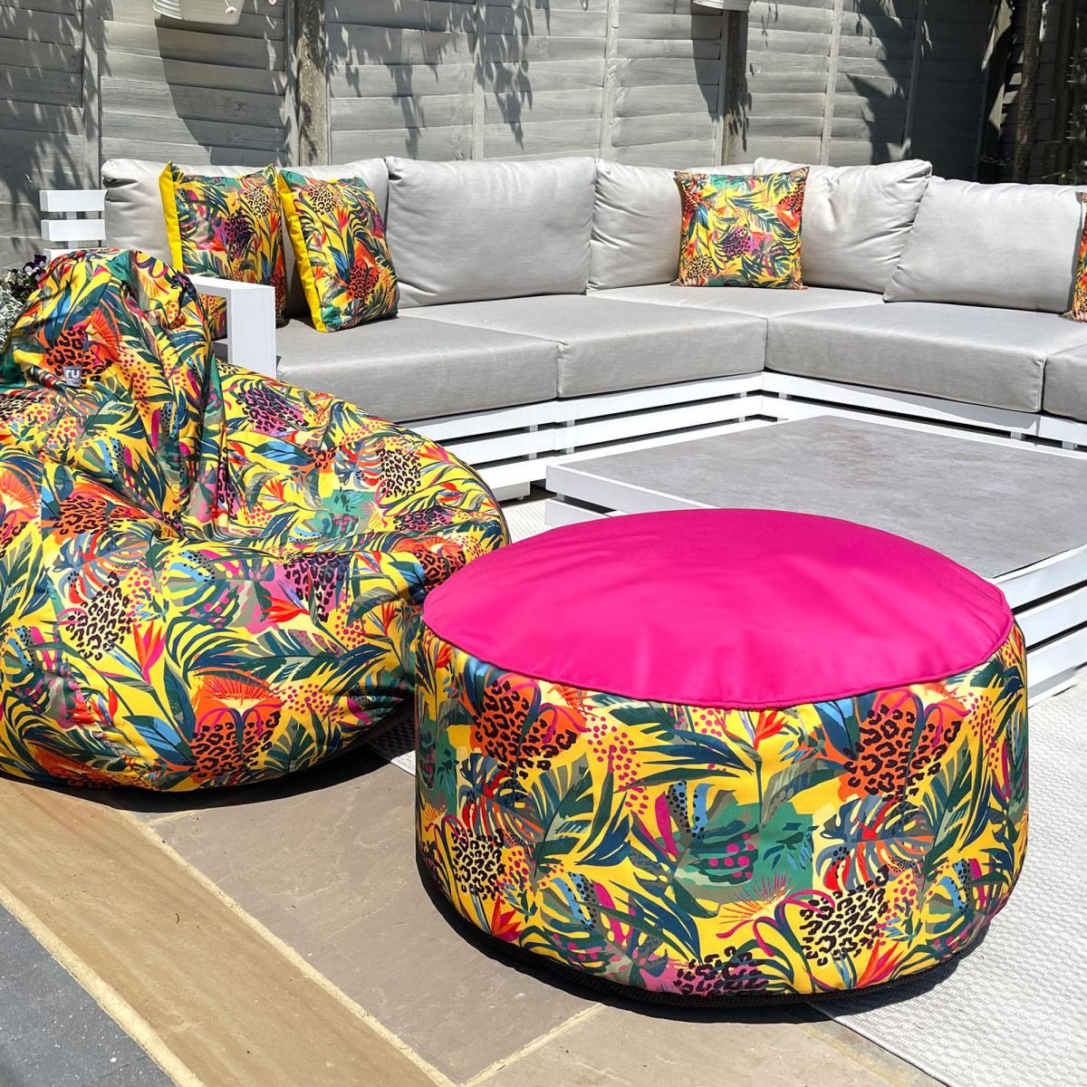 rucomfy Abstract Tropics Printed Drum Indoor Outdoor Pouffe Yellow – image 1