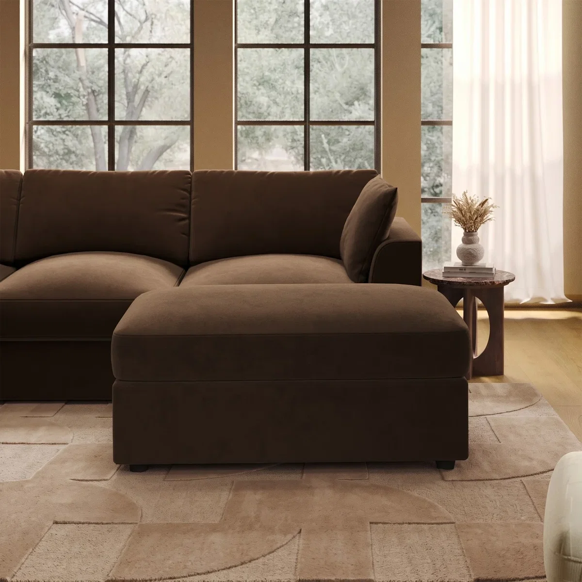 Large Chocolate Brown Velvet Footstool - August – image 1