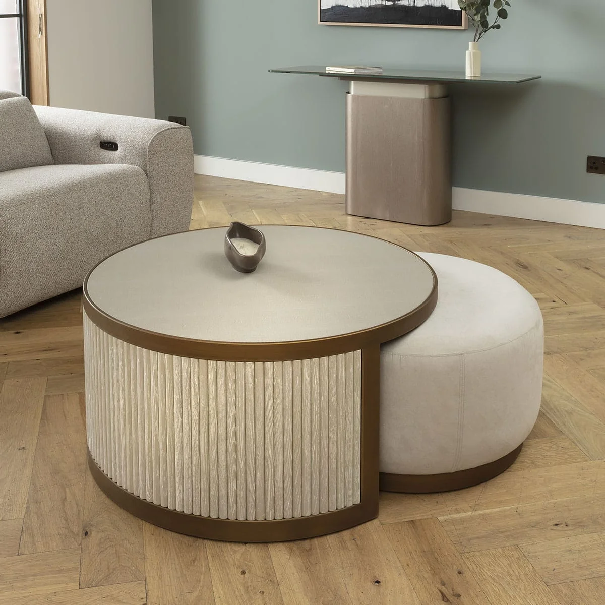 Modern Shagreen Round Nesting Coffee Table & Footstool Set Cream 92cm – image 3