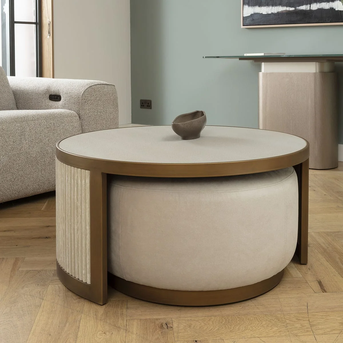 Modern Shagreen Round Nesting Coffee Table & Footstool Set Cream 92cm – image 4