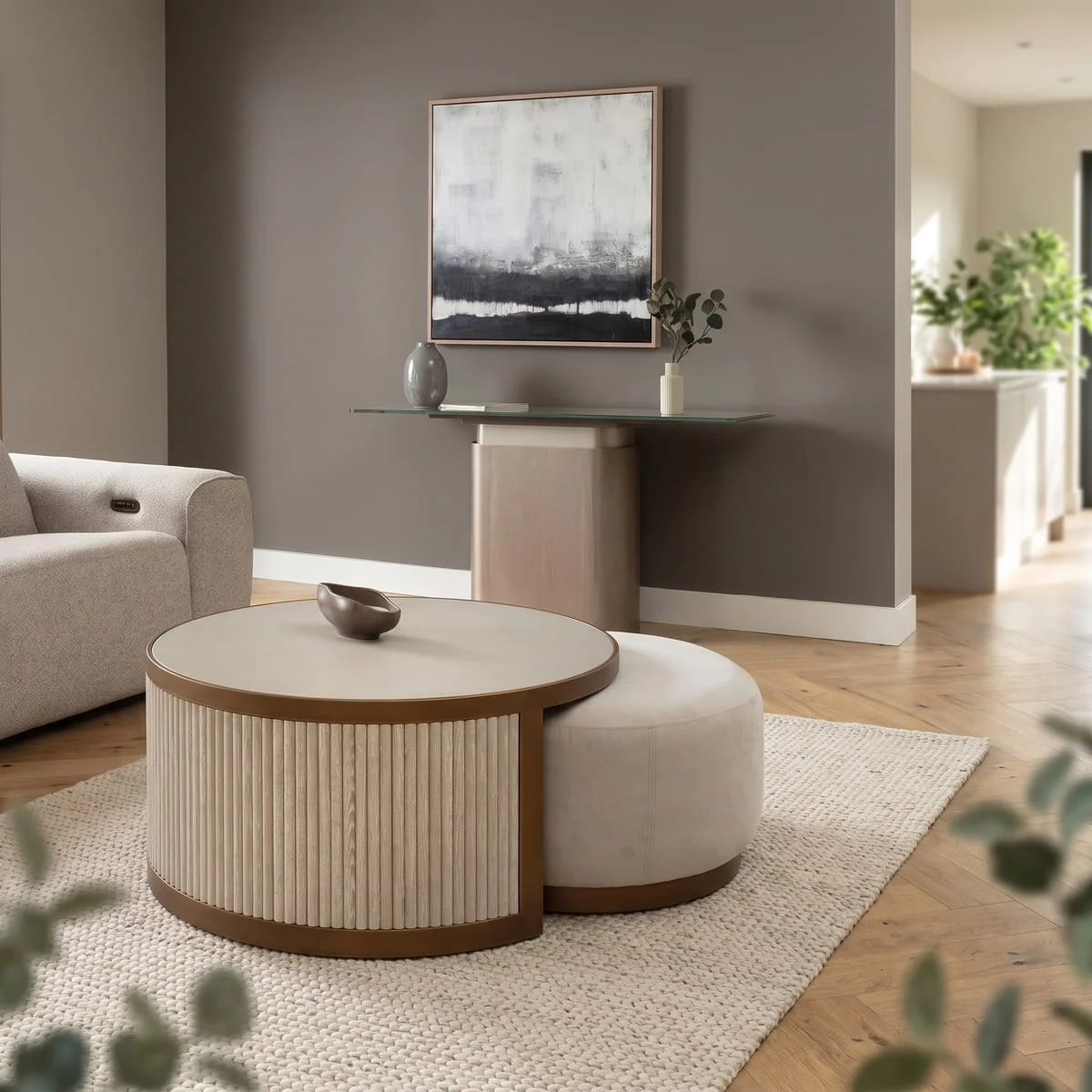 Modern Shagreen Round Nesting Coffee Table & Footstool Set Cream 92cm – image 1