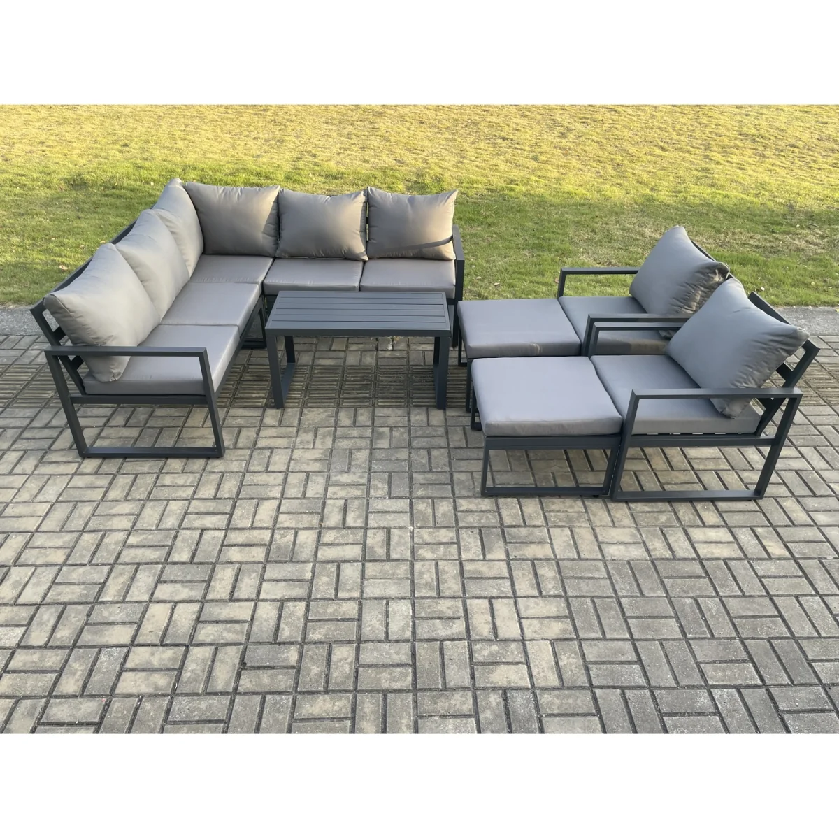Fimous 9-Seater Aluminium Outdoor Garden Set with Oblong Coffee Table and 2 Footstools, Dark Grey. - Dark Grey – image 3