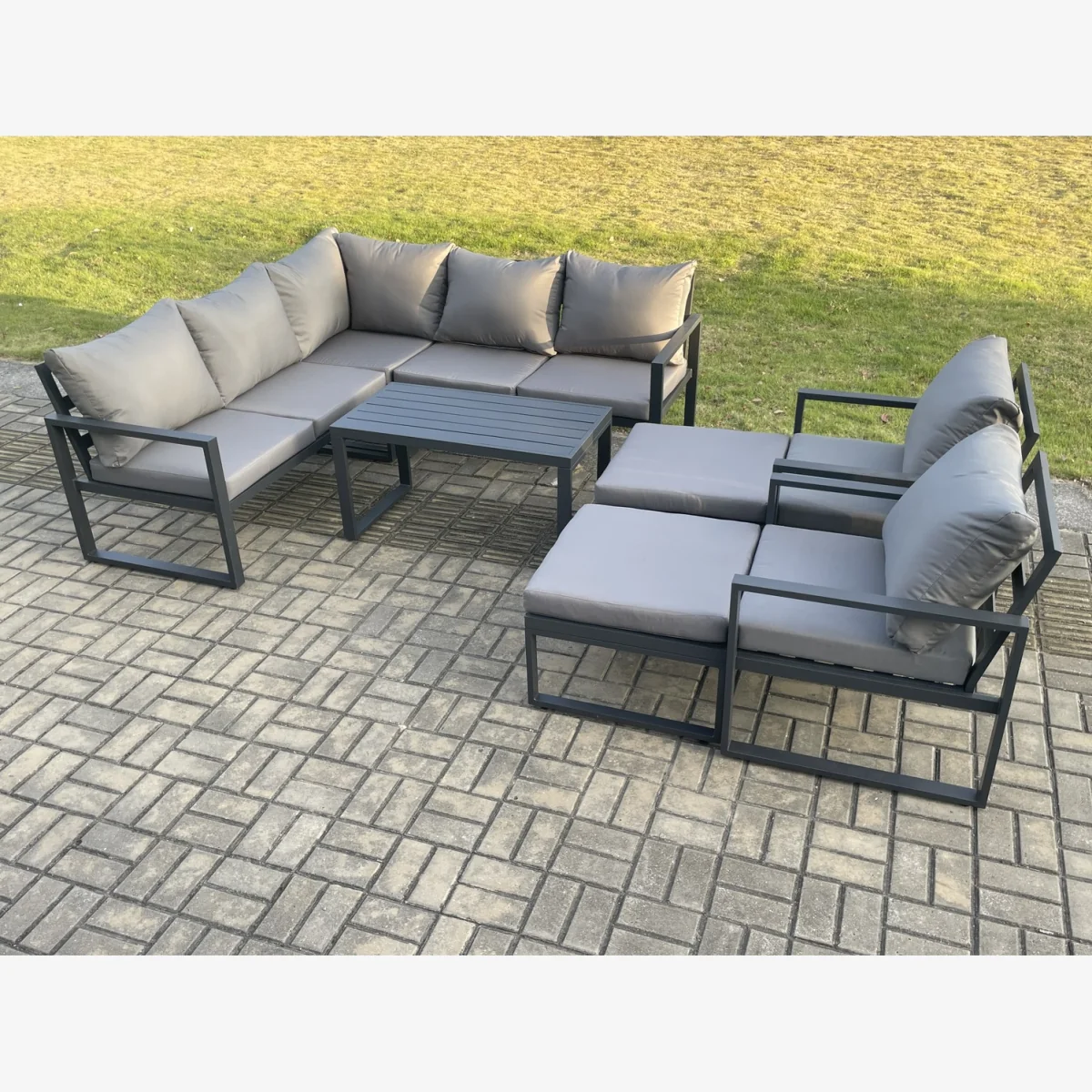 Fimous 9-Seater Aluminium Outdoor Garden Set with Oblong Coffee Table and 2 Footstools, Dark Grey. - Dark Grey – image 1