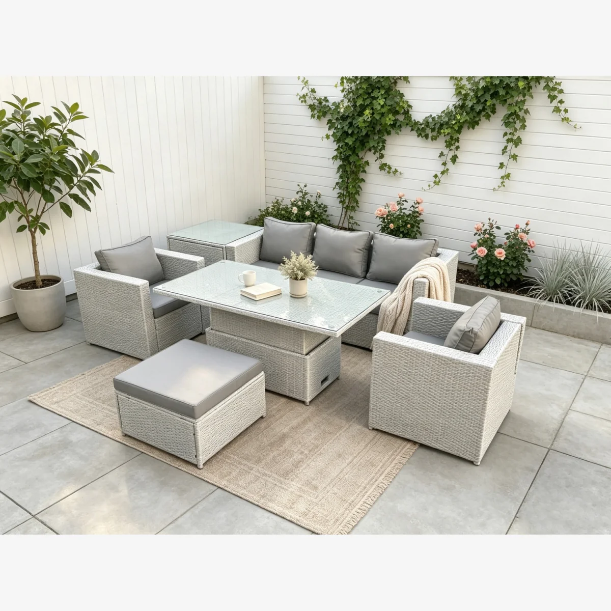 Rattan Garden Funiture Set 2 Arm Chair Side Table Big Footstool - Light Grey Mixed – image 1