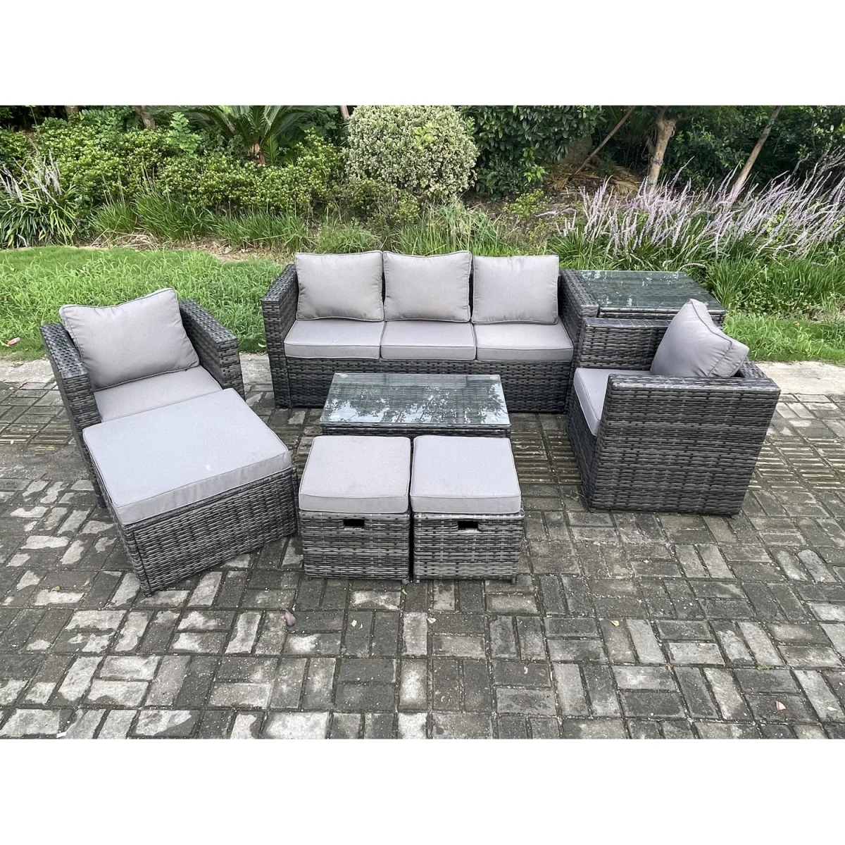 Fimous Rattan Lounge Set with Sofa, Coffee Table & Footstools - Dark Grey – image 3
